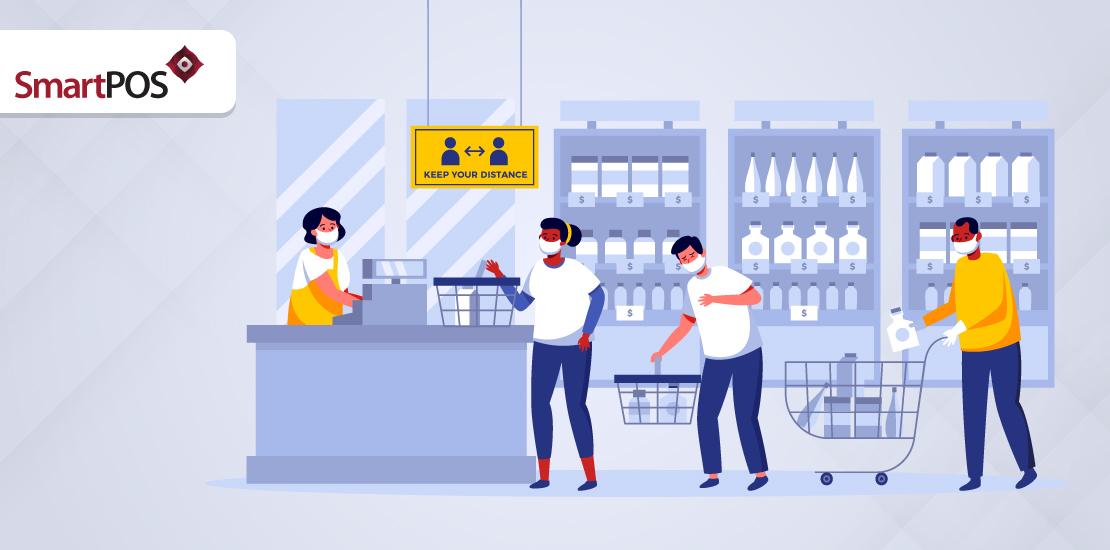 An illustration of customers in a queue at the billing counter following COVID safety guidelines