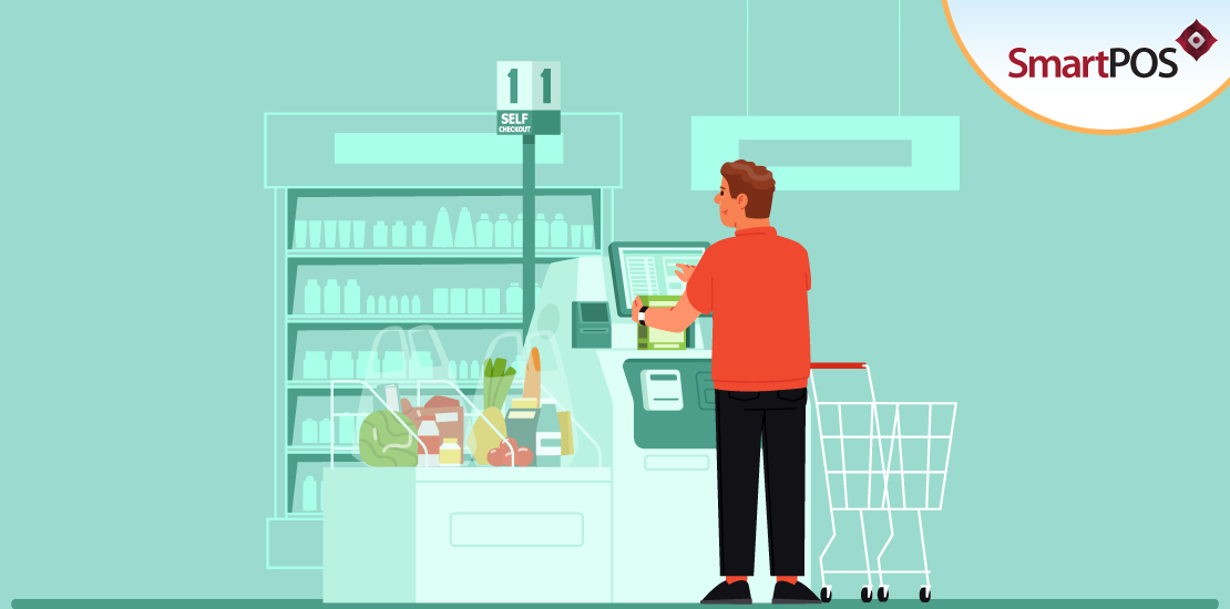 Customer performing a self-checkout using SmartPOS - the best Point of Sale system