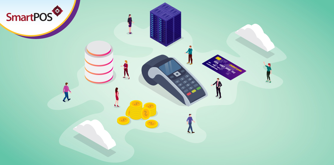 An illustration of a POS system’s terminal accepting multiple types of payments.
